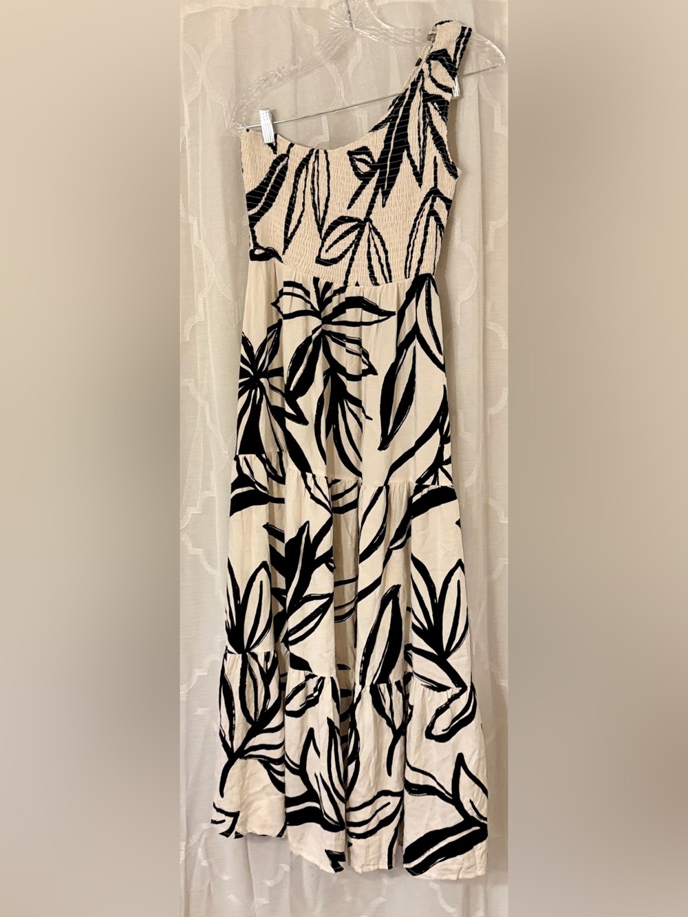Abel the Label Medium Black Ivory Botanical One Shoulder Maxi Dress